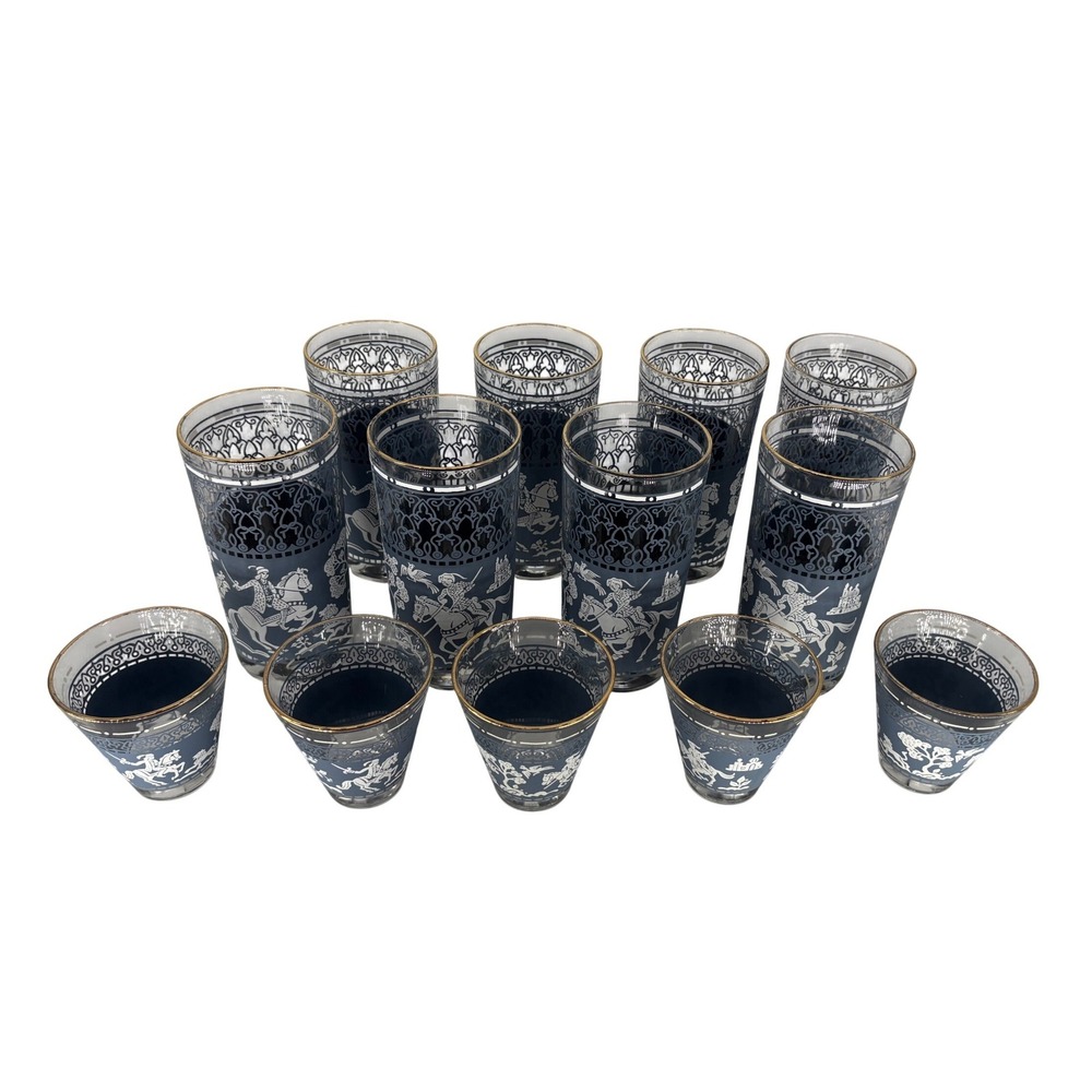 Culver Persian Medieval Blue & Gold Glassware Set Tumbler Lowball MCM 13 Piece